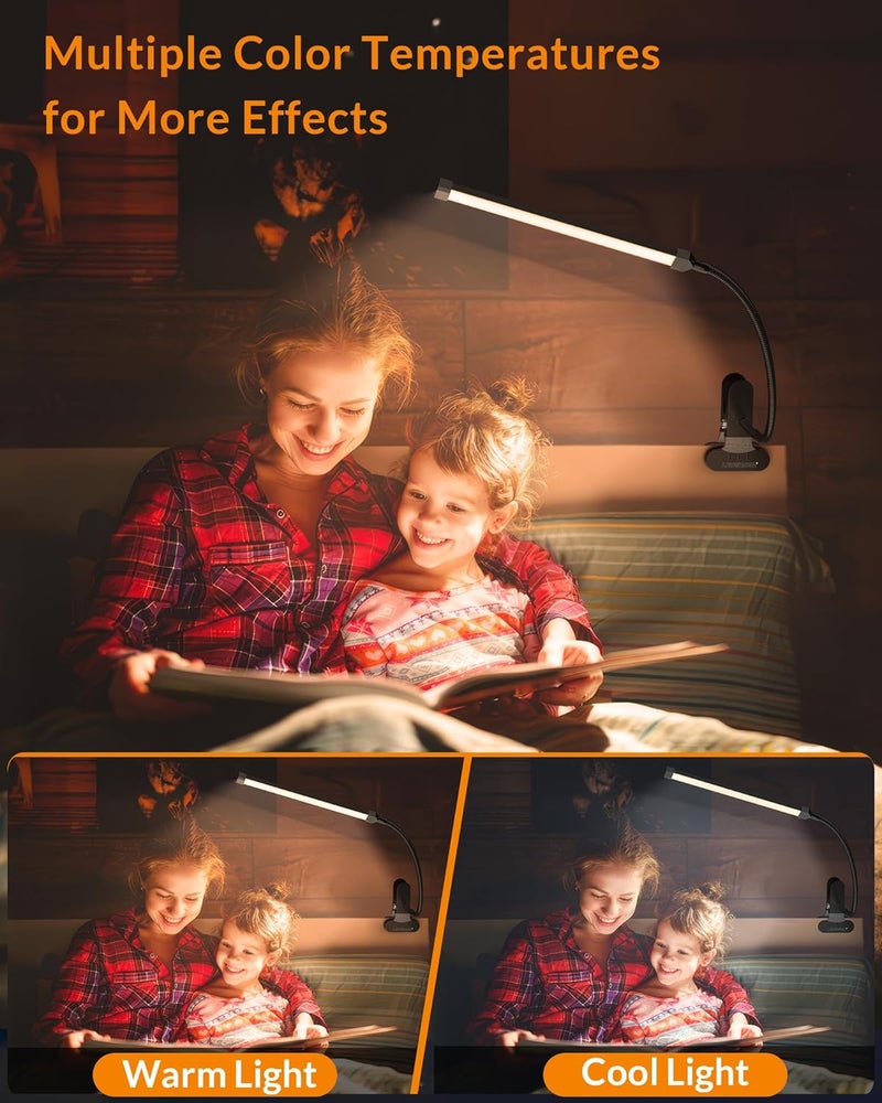 Le Power Led Clip on Light, 5W Reading Lights for Books in Bed with Gooseneck, Adjustable Color Temperature Clip Lamp, Ideal for Bedtime Reading and Piano Light, Metal, Black - Image 4
